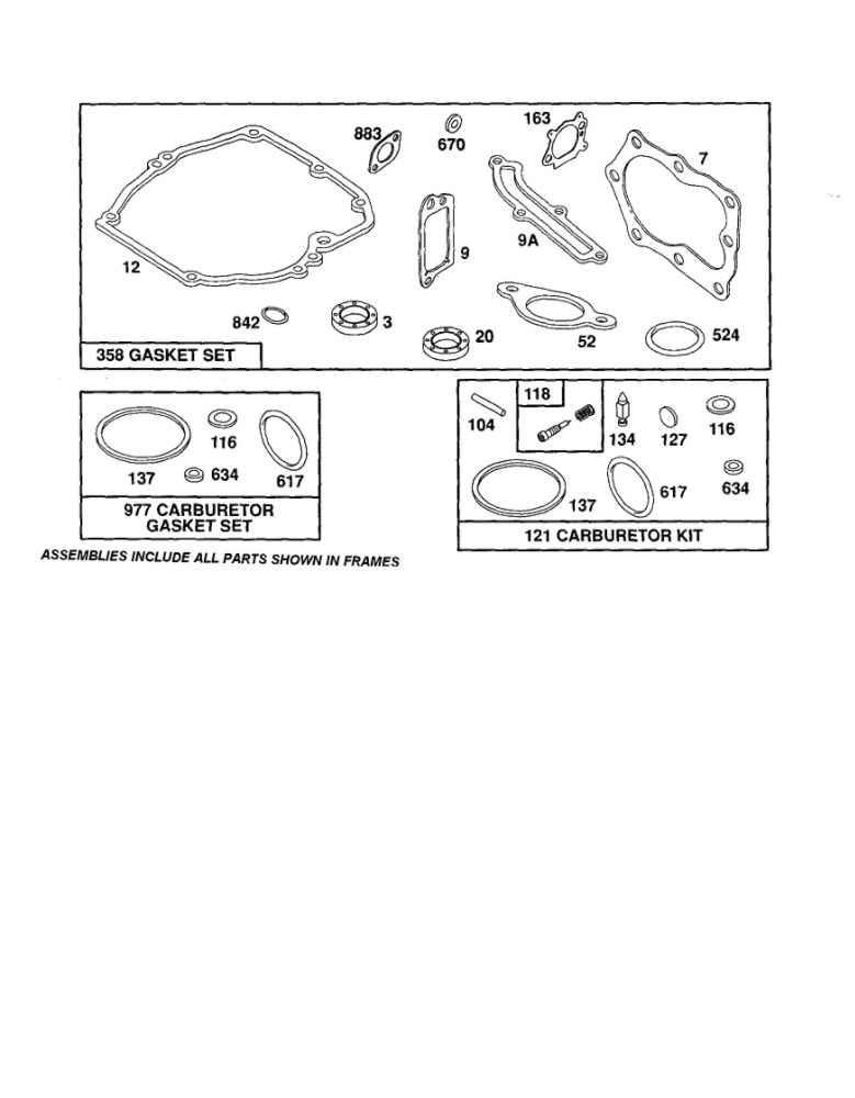 Carburetor Kit/Gasket Set Diagram and Parts List for 12F800-12F899 0821-0829-0873 Briggs and Stratton Engine